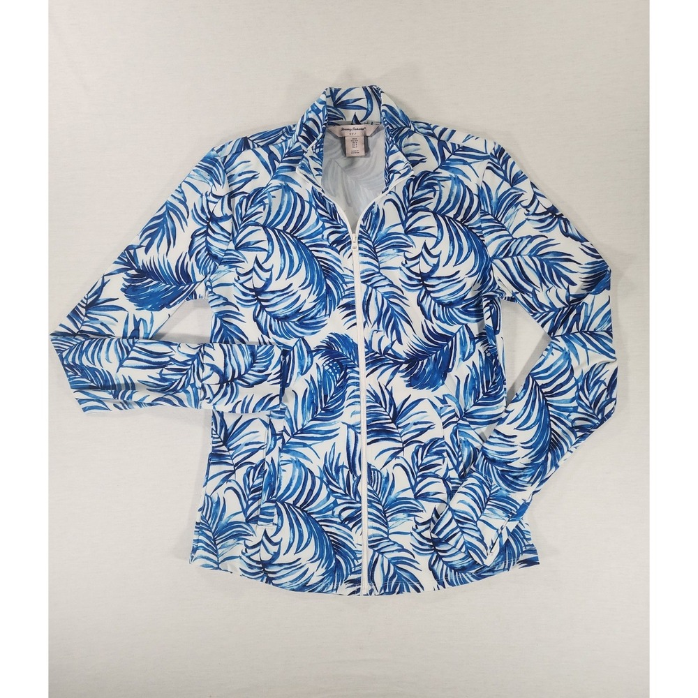 Tommy Bahama Golf Jacket Women Small Blue White Palm Leaf Full Zip Stretch UPF50